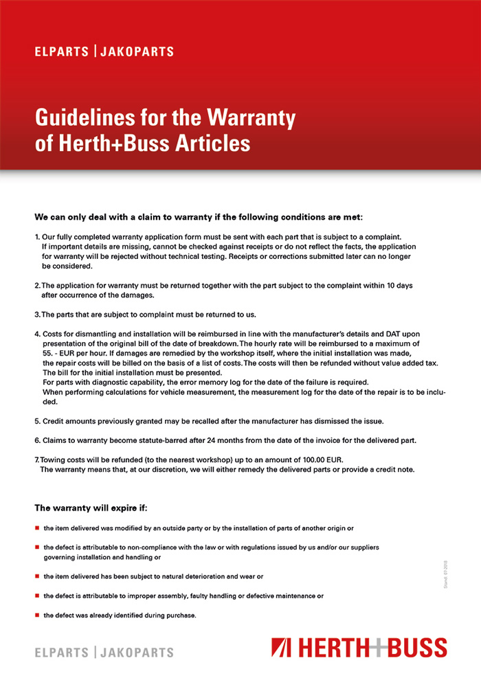 Guidelines for the Warranty of Herth+Buss Articles