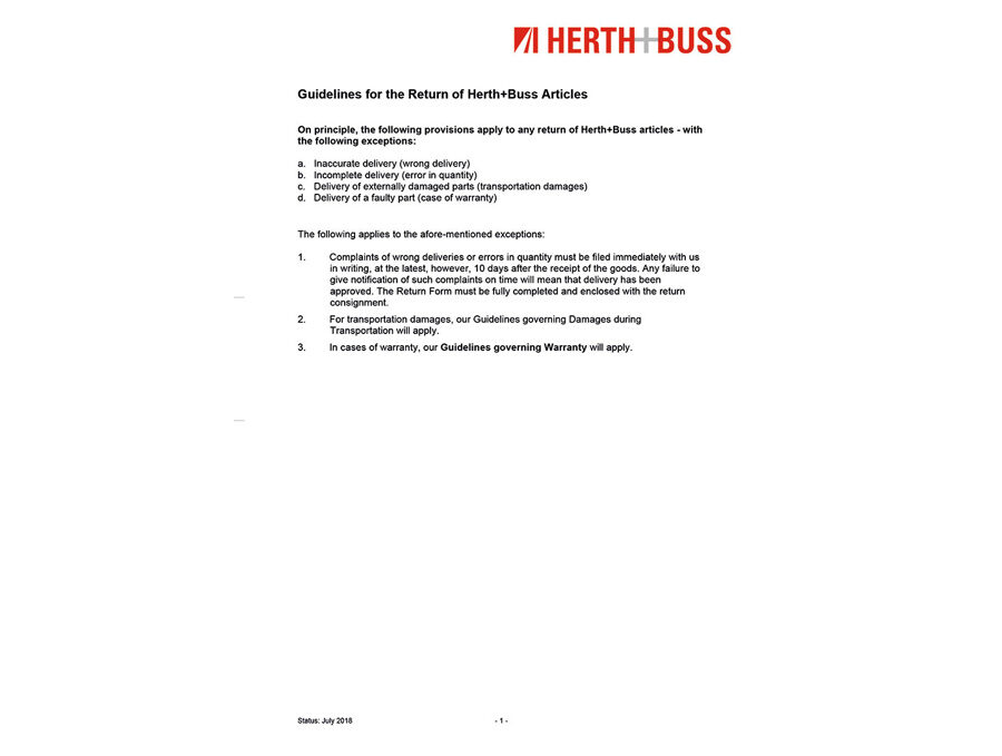 Guideline - for the Return of Herth+Buss Articles